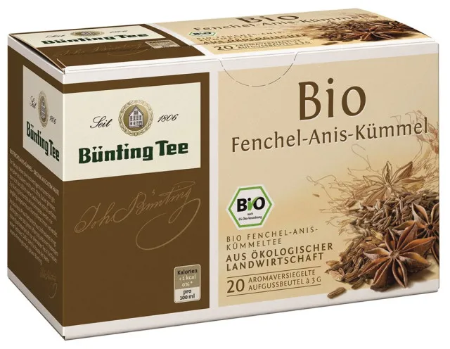 Thé Bünting au fenouil, à l'anis et au cumin, 20 sachets de 3 g, bio